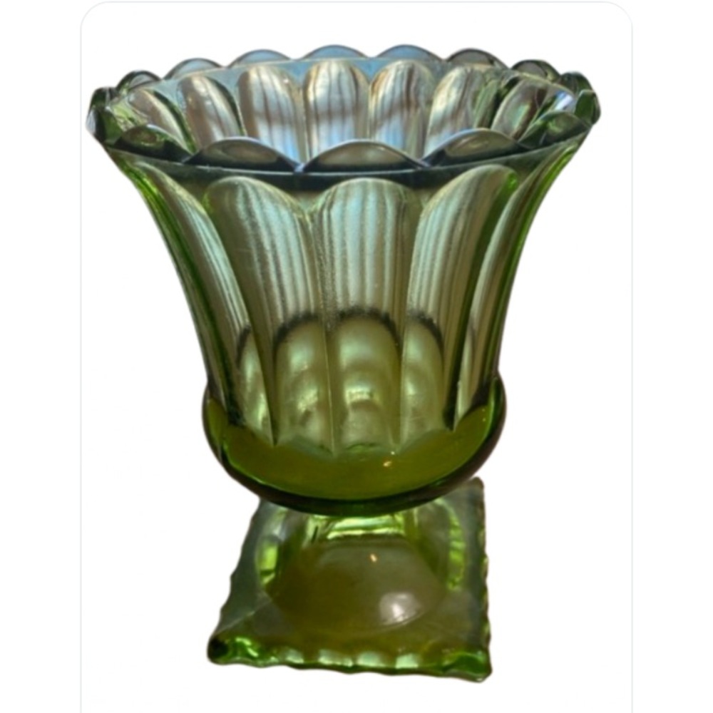 Vintage Indiana Pressed Green Glass Pedestal Vase Square Base Scalloped …